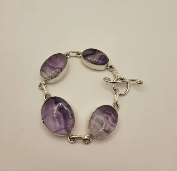 Modern Purple Fluorite Sterling Silver Link Bracelet